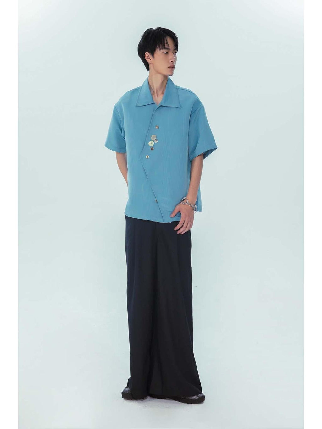 APRIORITY Lake Blue Stone Inspired Irregular Water Ripple Loose Fit Women's Satin Shirts
