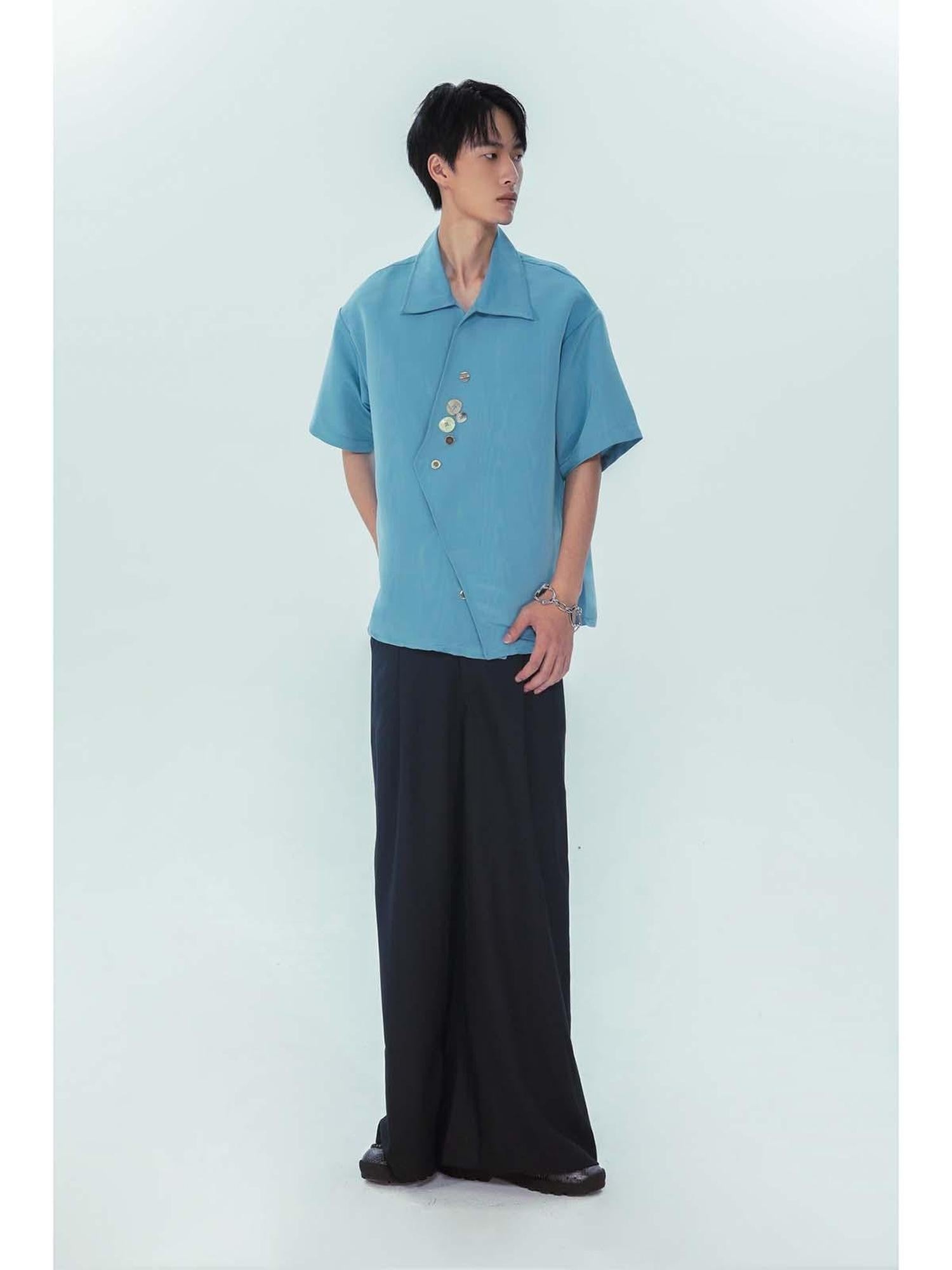 APRIORITY Lake Blue Stone Inspired Irregular Water Ripple Loose Fit Women's Satin Shirts