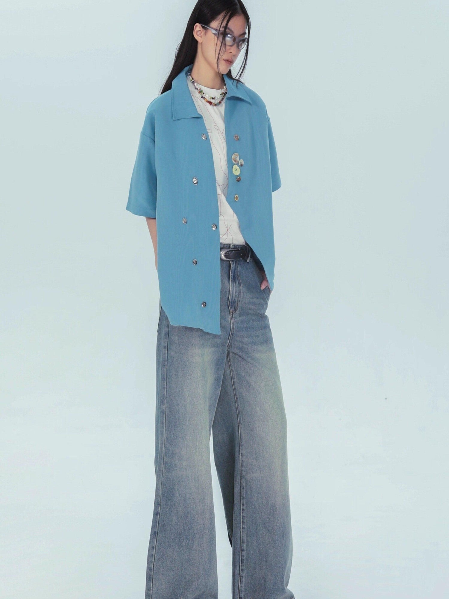 APRIORITY Lake Blue Stone Inspired Irregular Water Ripple Loose Fit Women's Satin Shirts