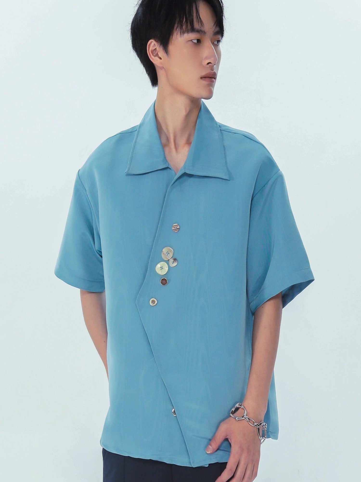 APRIORITY Lake Blue Stone Inspired Irregular Water Ripple Loose Fit Women's Satin Shirts