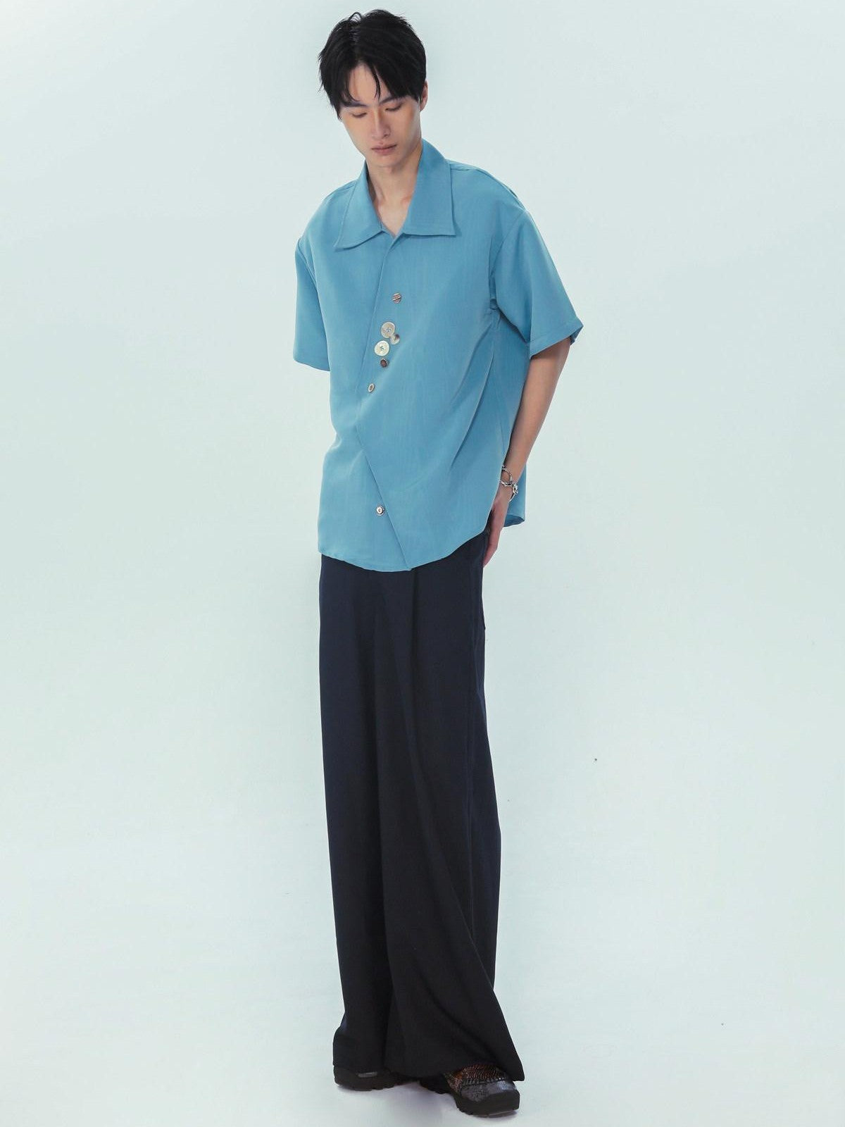 APRIORITY Lake Blue Stone Inspired Irregular Water Ripple Loose Fit Women's Satin Shirts