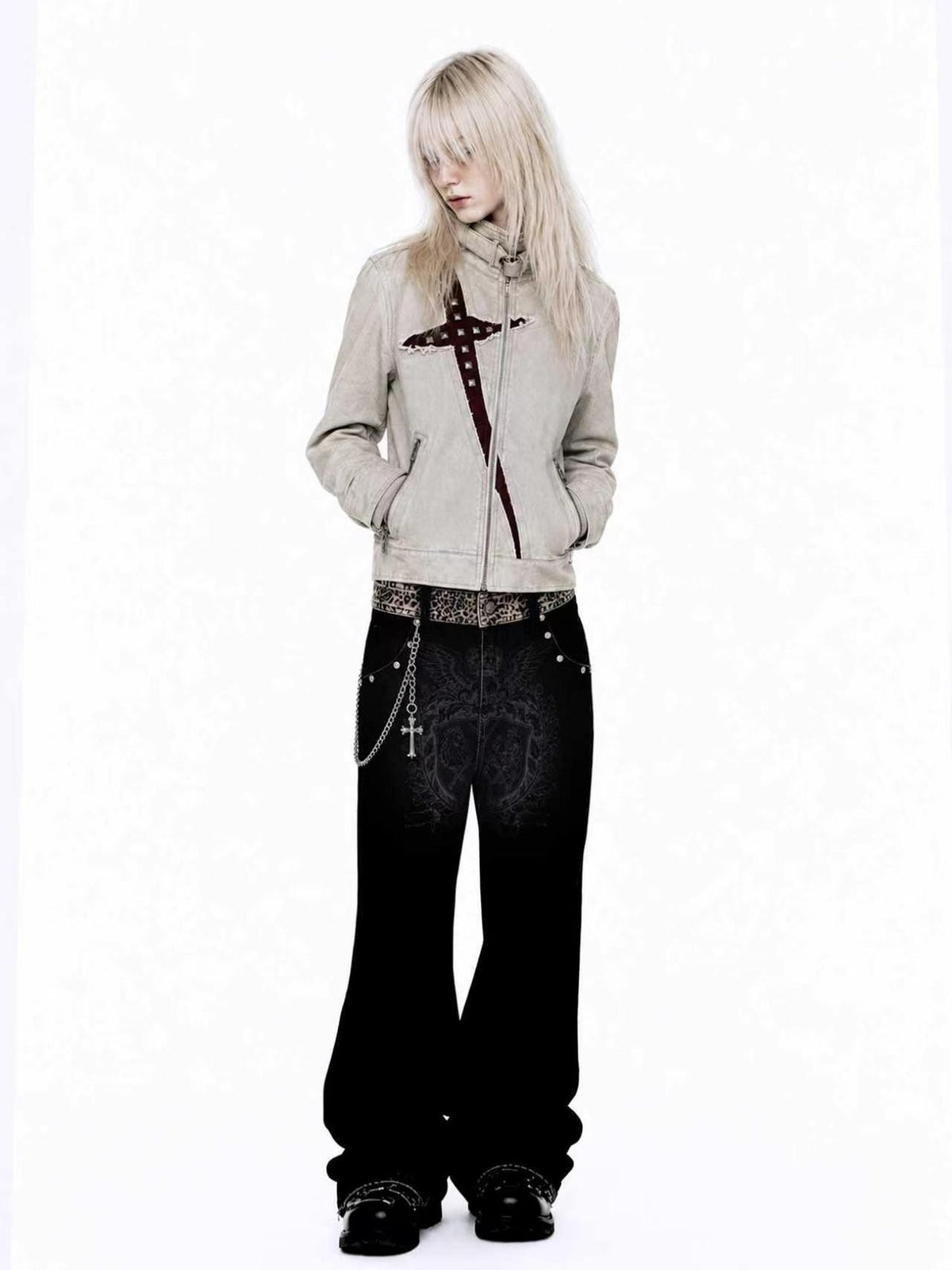 APRIORITY Laser Burnout Leopard Waist Studded Embroidered Women's Cotton Blend Straight Jeans