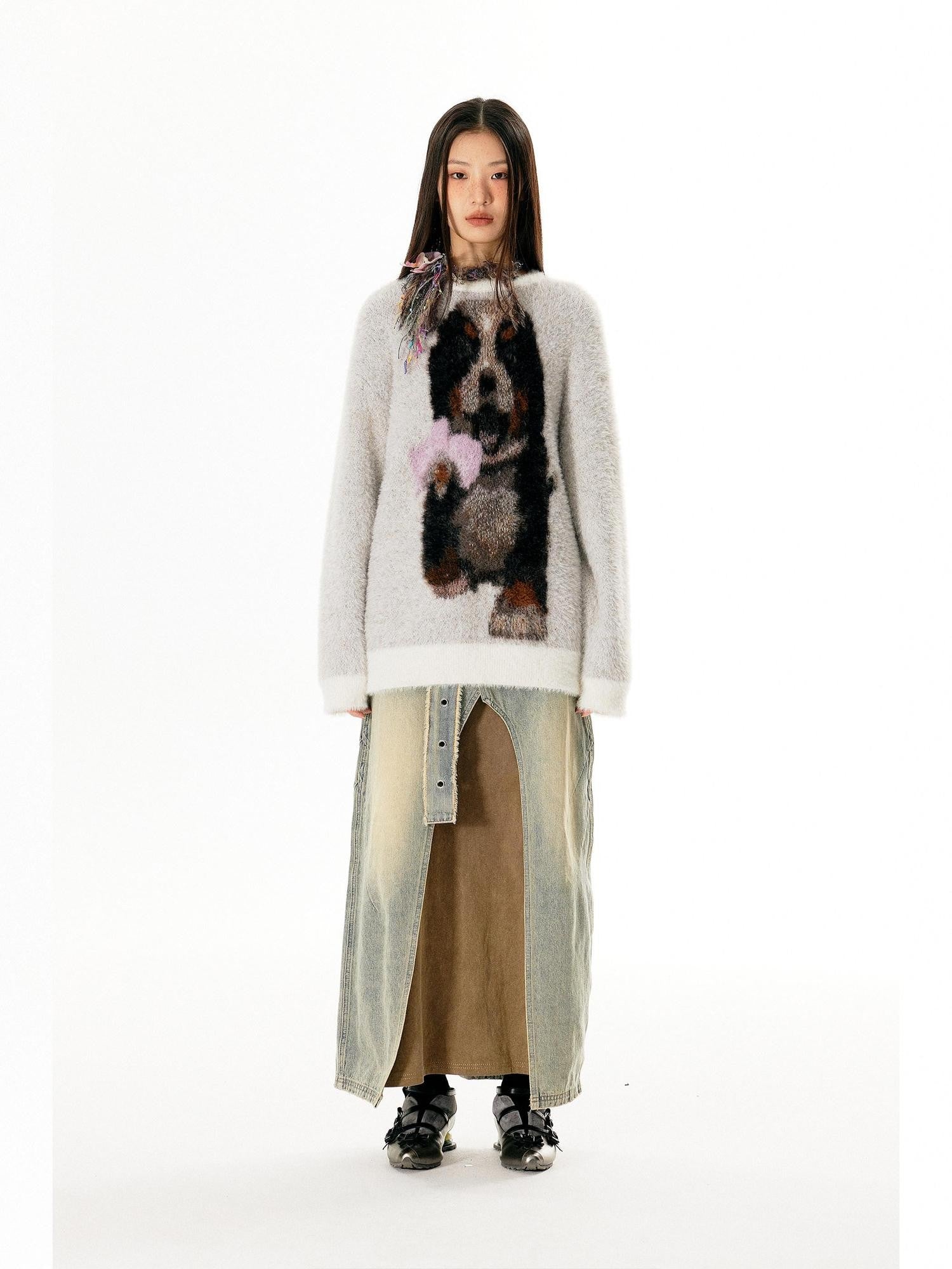 APRIORITY Light Gray Puppy Motif Crewneck Women's Soft Sheep Wool Sweaters