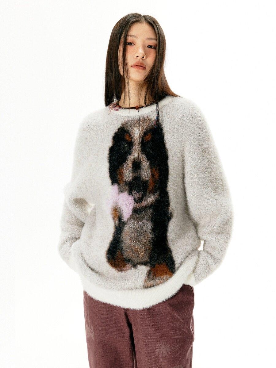 APRIORITY Light Gray Puppy Motif Crewneck Women's Soft Sheep Wool Sweaters