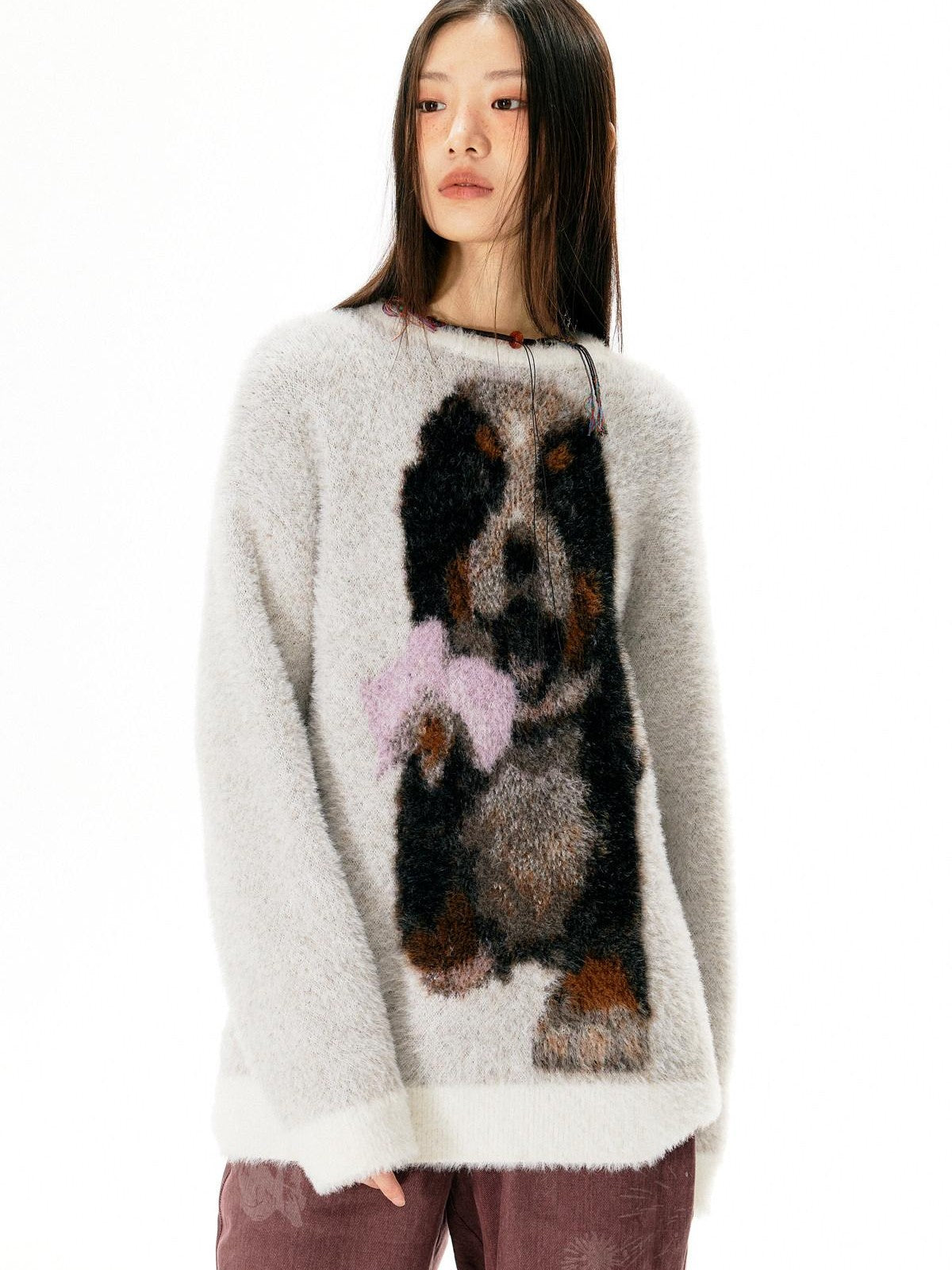 APRIORITY Light Gray Puppy Motif Crewneck Women's Soft Sheep Wool Sweaters