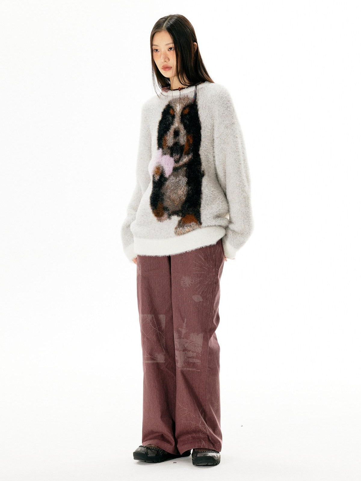 APRIORITY Light Gray Puppy Motif Crewneck Women's Soft Sheep Wool Sweaters