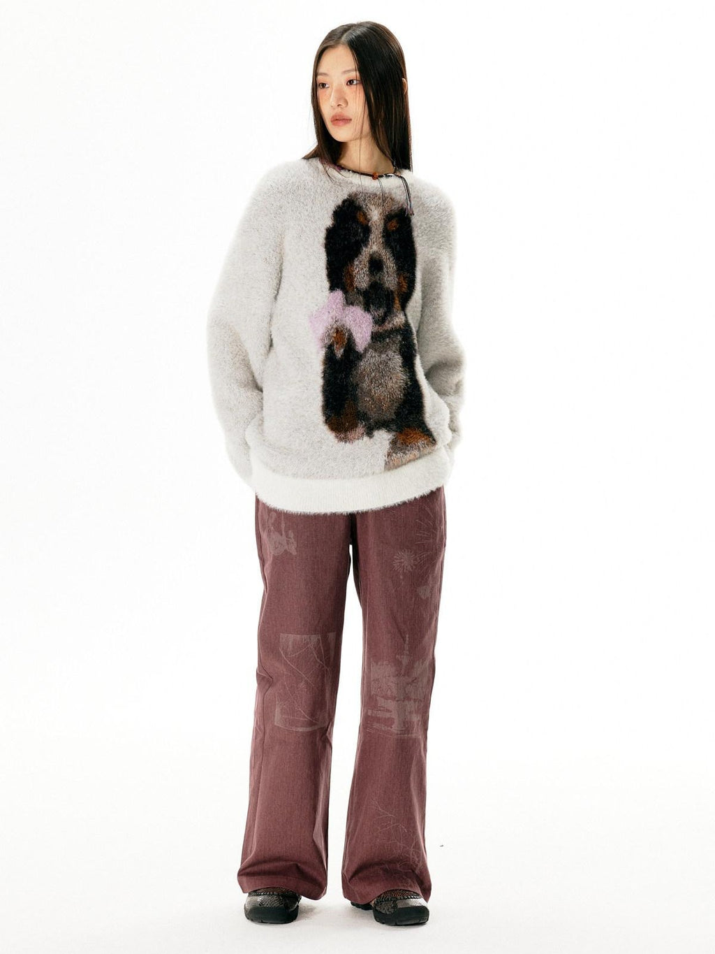 APRIORITY Light Gray Puppy Motif Crewneck Women's Soft Sheep Wool Sweaters