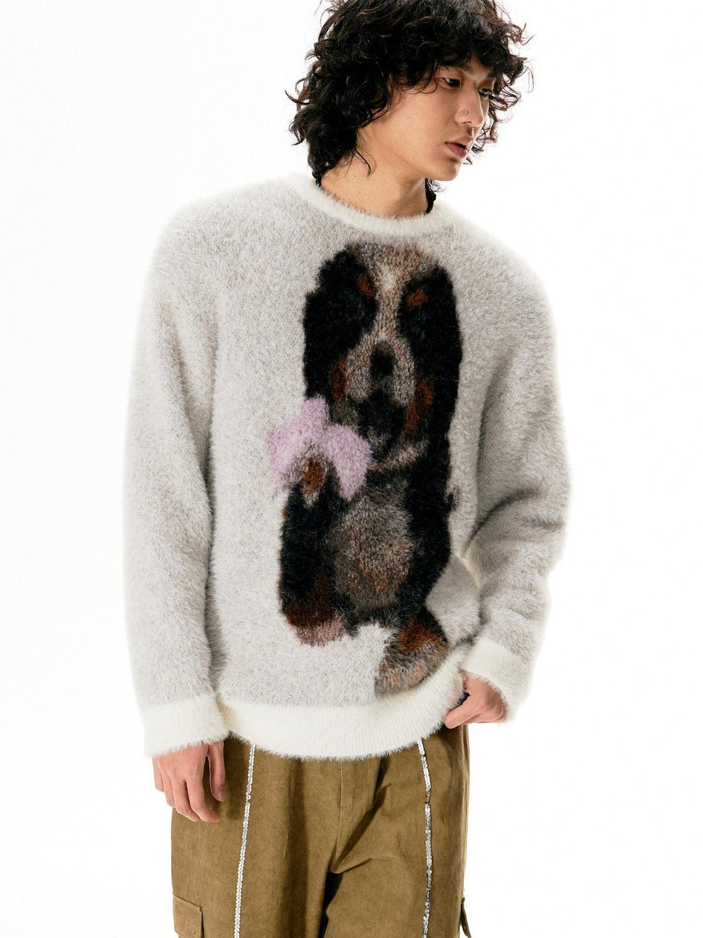 APRIORITY Light Gray Puppy Motif Crewneck Women's Soft Sheep Wool Sweaters