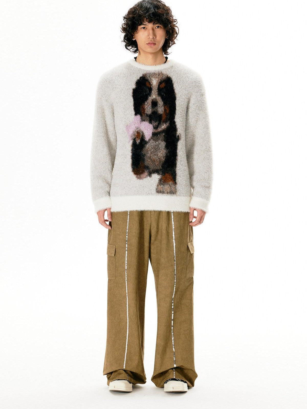 APRIORITY Light Gray Puppy Motif Crewneck Women's Soft Sheep Wool Sweaters