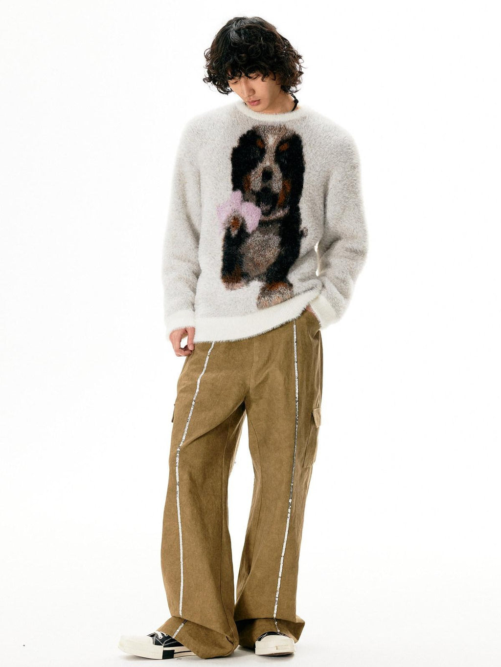 APRIORITY Light Gray Puppy Motif Crewneck Women's Soft Sheep Wool Sweaters