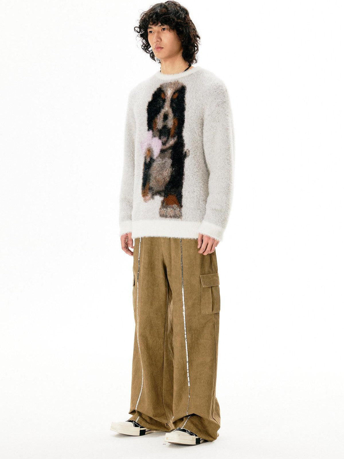 APRIORITY Light Gray Puppy Motif Crewneck Women's Soft Sheep Wool Sweaters
