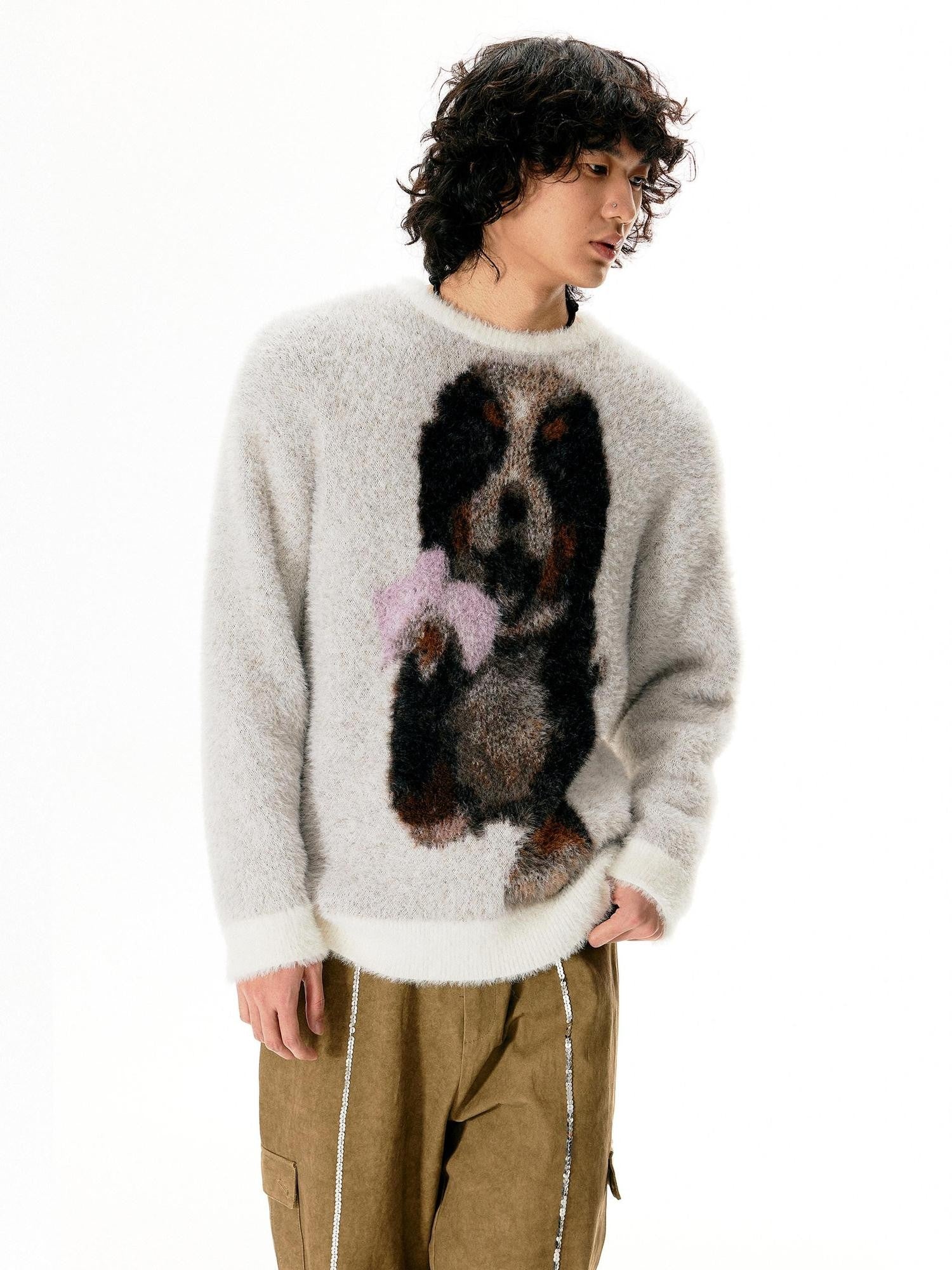 APRIORITY Light Gray Puppy Motif Crewneck Women's Soft Sheep Wool Sweaters