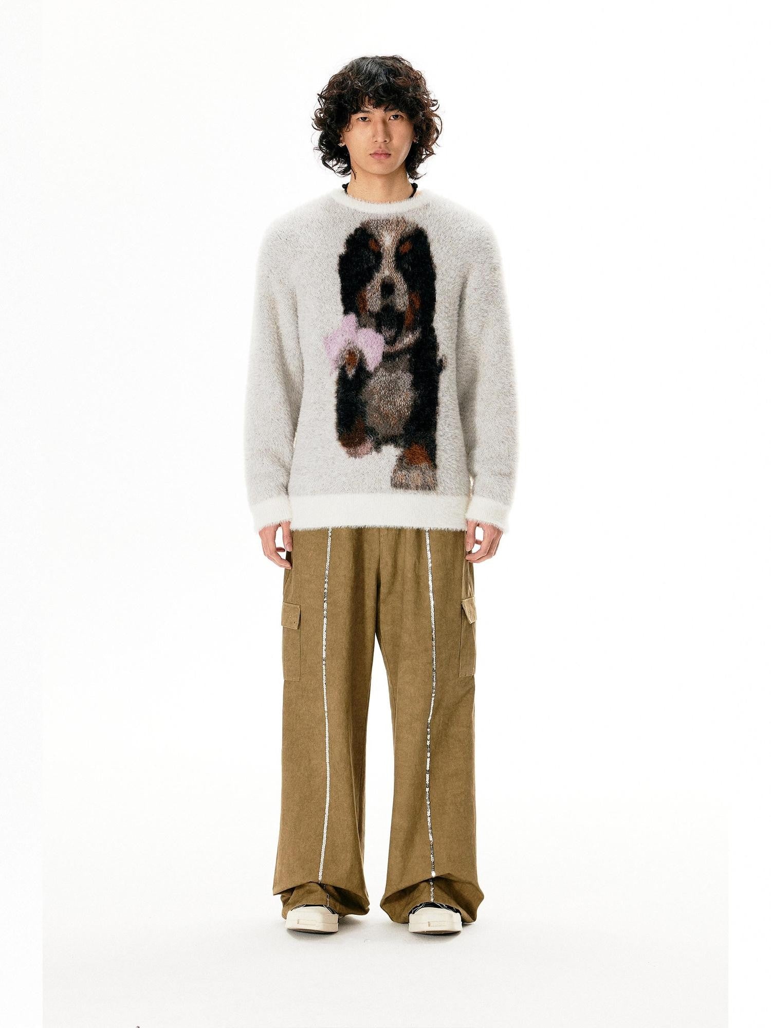 APRIORITY Light Gray Puppy Motif Crewneck Women's Soft Sheep Wool Sweaters