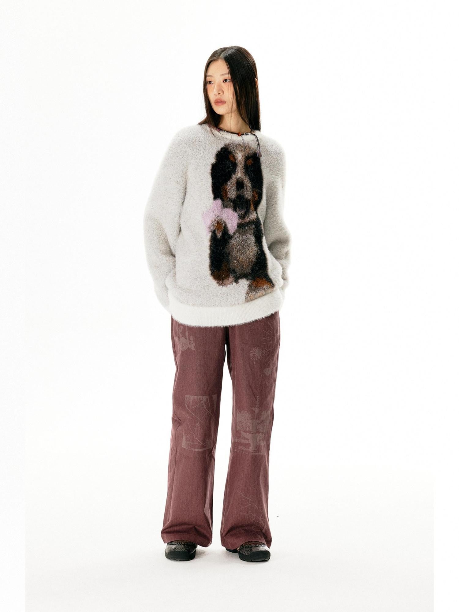 APRIORITY Light Gray Puppy Motif Crewneck Women's Soft Sheep Wool Sweaters