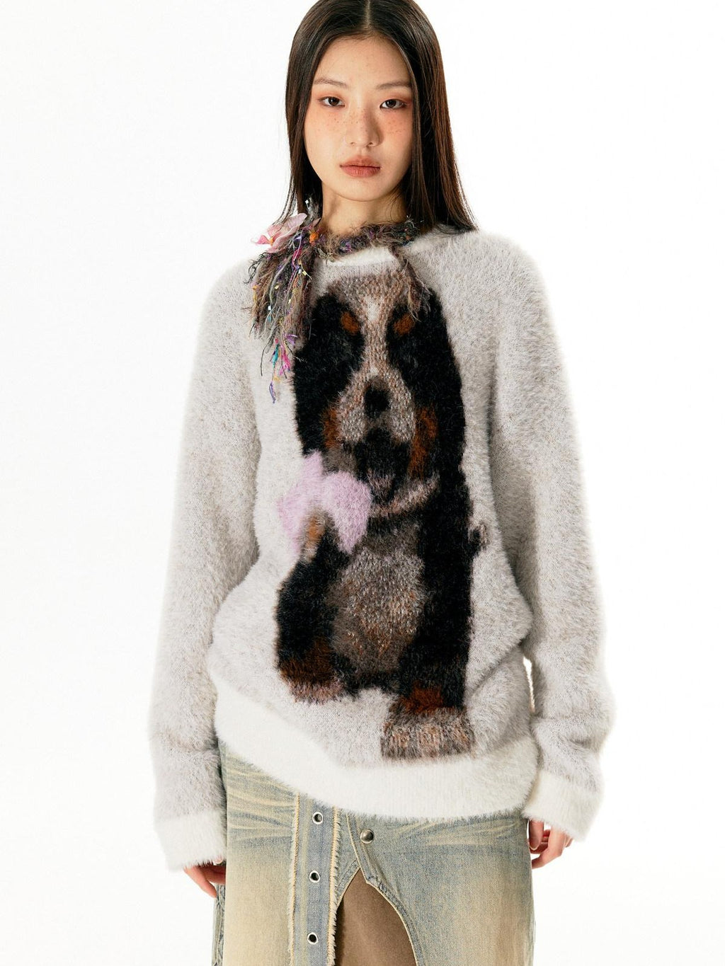 APRIORITY Light Gray Puppy Motif Crewneck Women's Soft Sheep Wool Sweaters