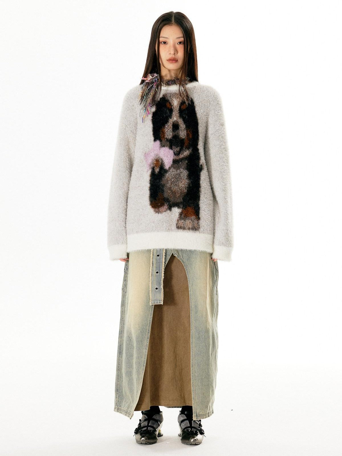 APRIORITY Light Gray Puppy Motif Crewneck Women's Soft Sheep Wool Sweaters