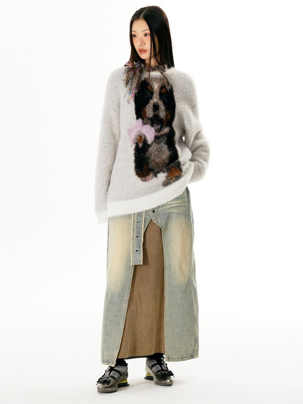 APRIORITY Light Gray Puppy Motif Crewneck Women's Soft Sheep Wool Sweaters