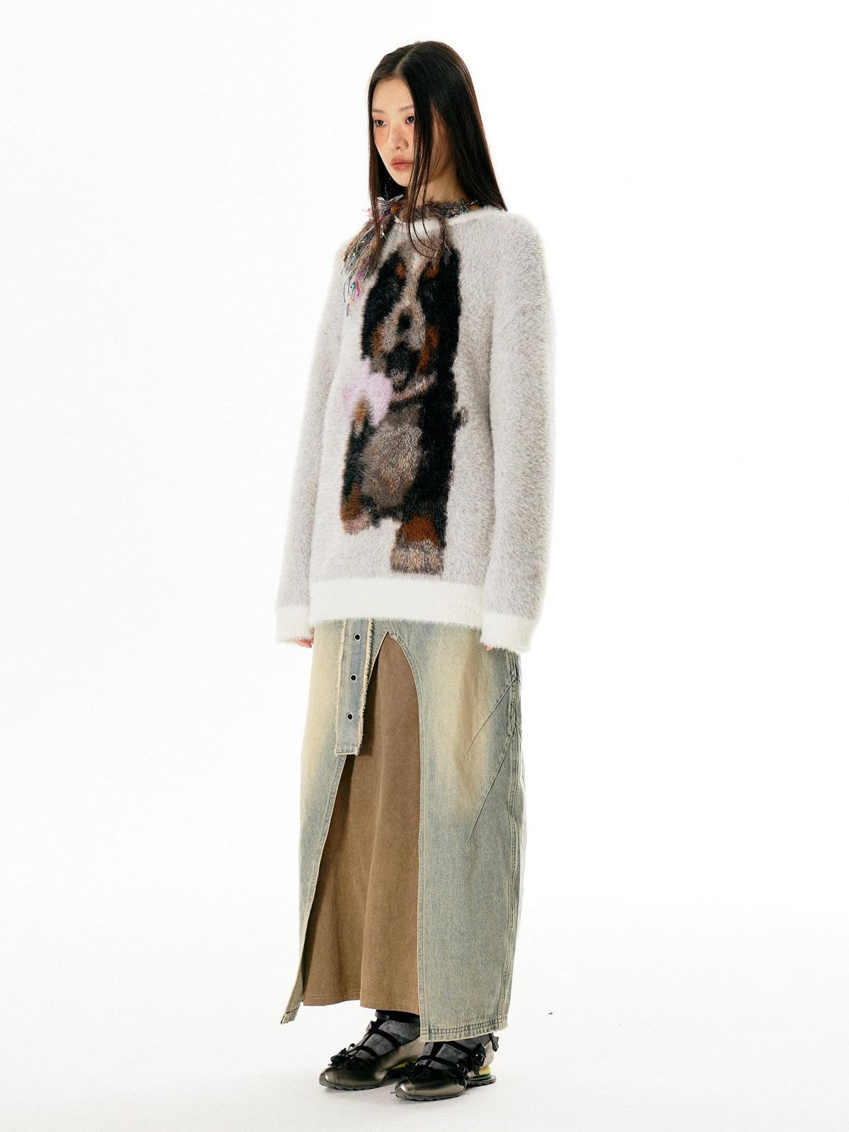 APRIORITY Light Gray Puppy Motif Crewneck Women's Soft Sheep Wool Sweaters