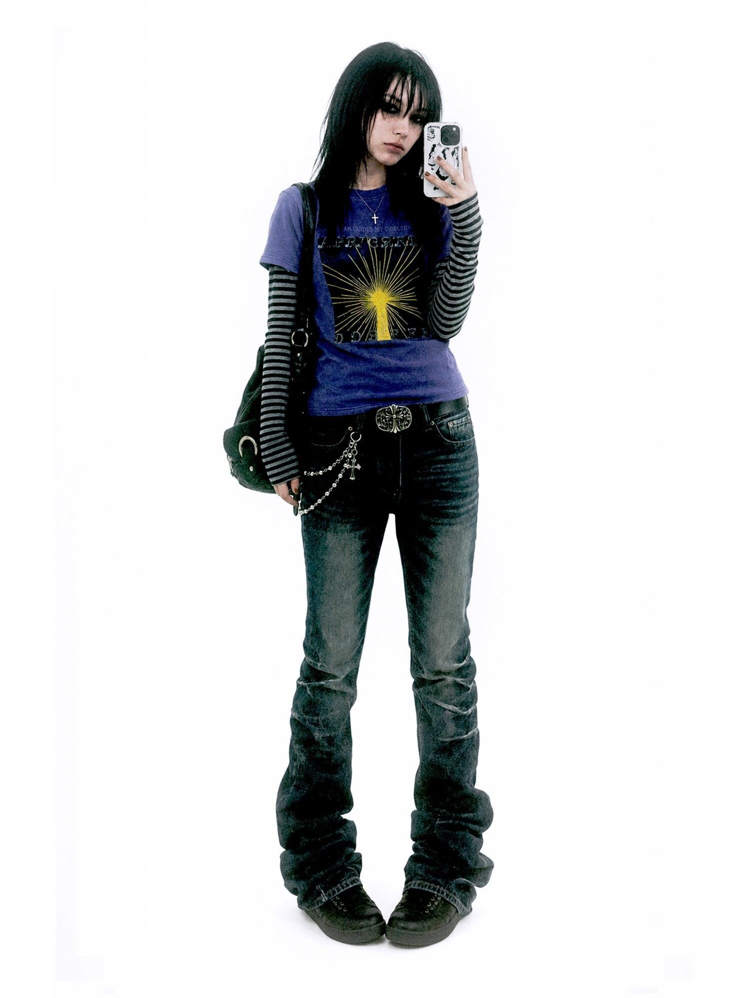 APRIORITY Lighthouse Glitter Print Striped Patchwork Women's Cotton Long Sleeve T-shirts