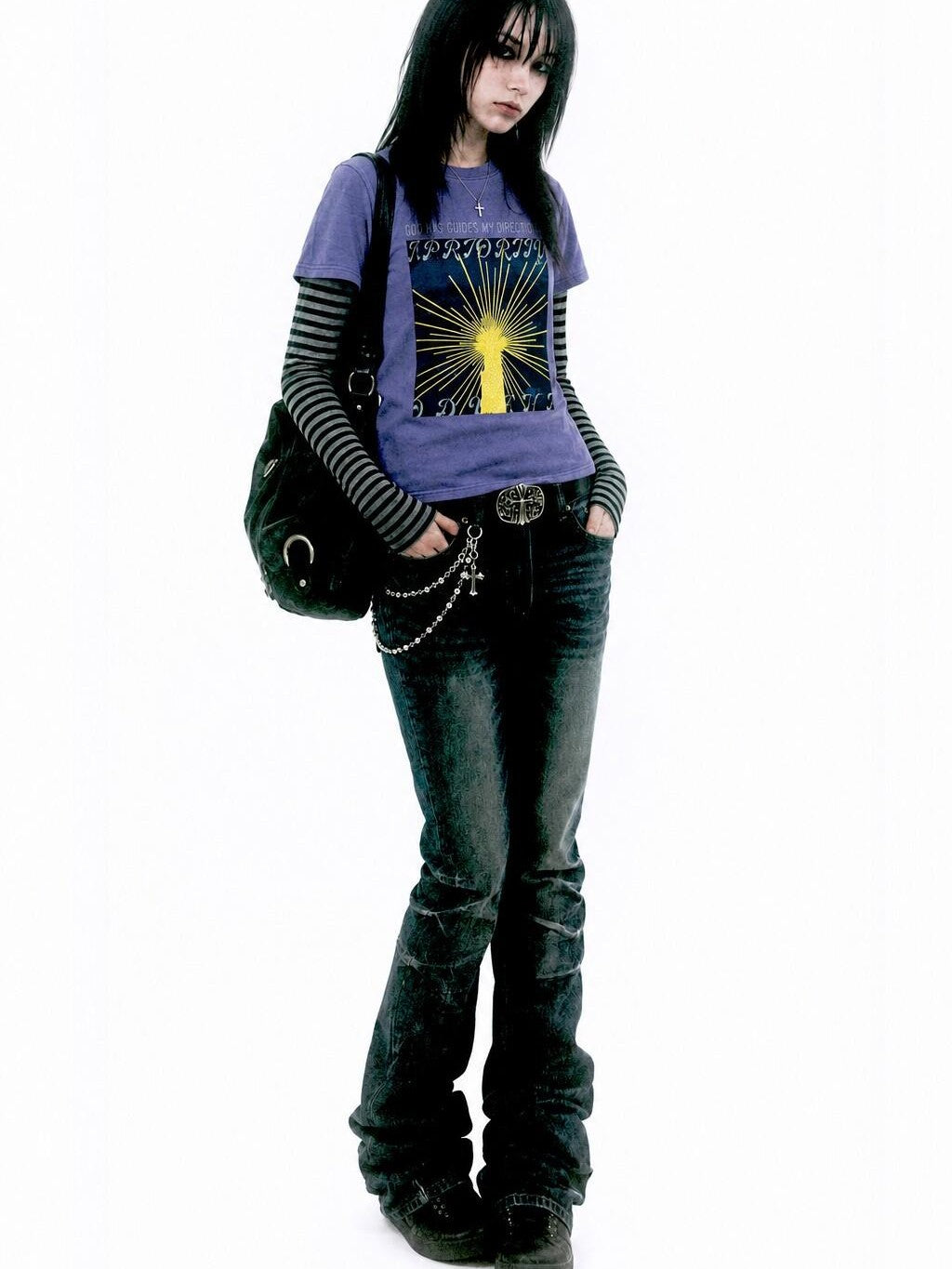 APRIORITY Lighthouse Glitter Print Striped Patchwork Women's Cotton Long Sleeve T-shirts