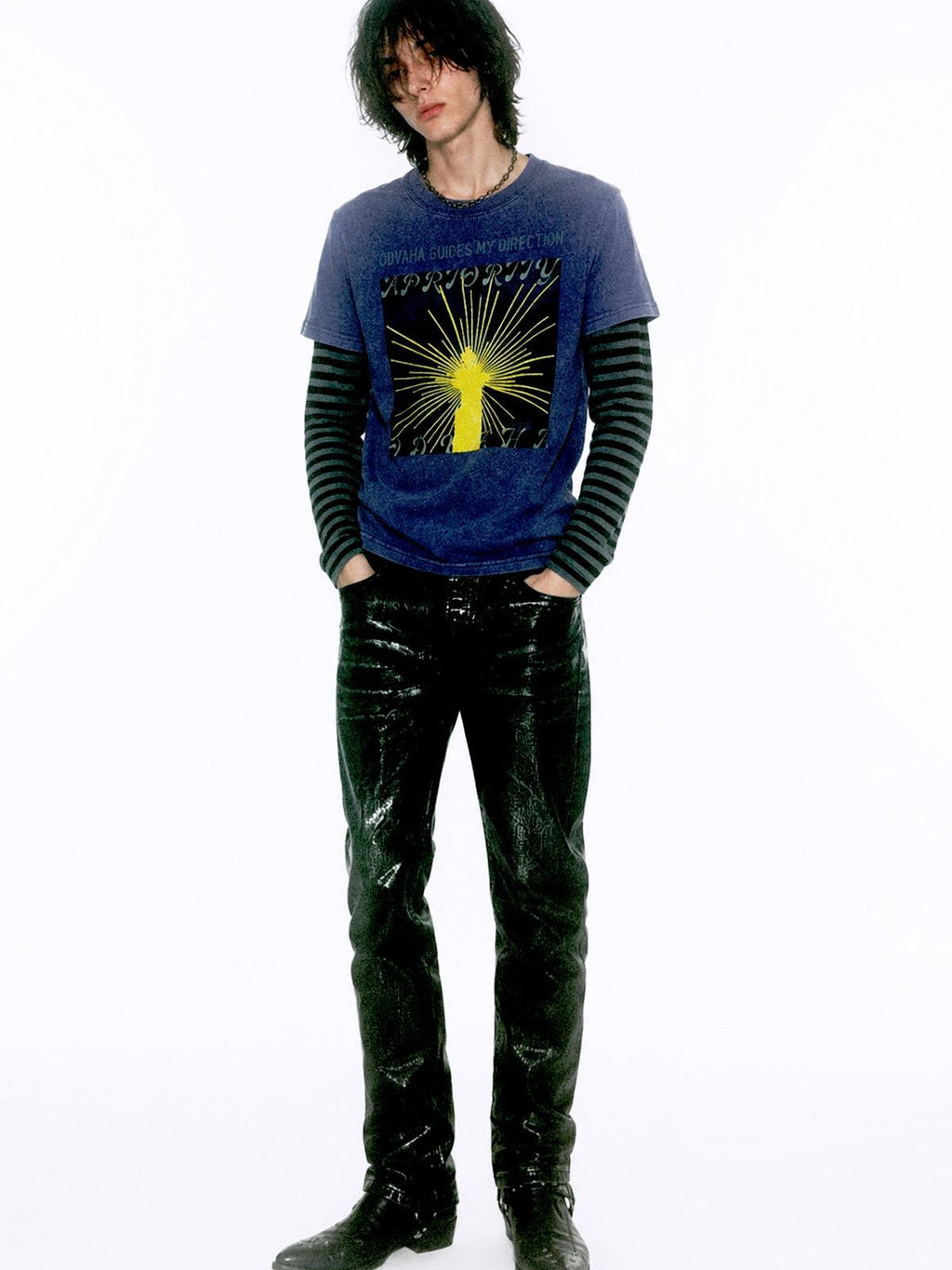 APRIORITY Lighthouse Glitter Print Striped Patchwork Women's Cotton Long Sleeve T-shirts