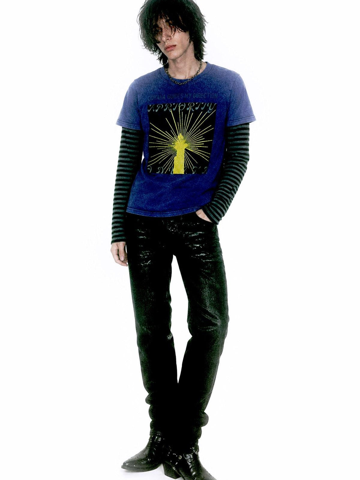 APRIORITY Lighthouse Glitter Print Striped Patchwork Women's Cotton Long Sleeve T-shirts