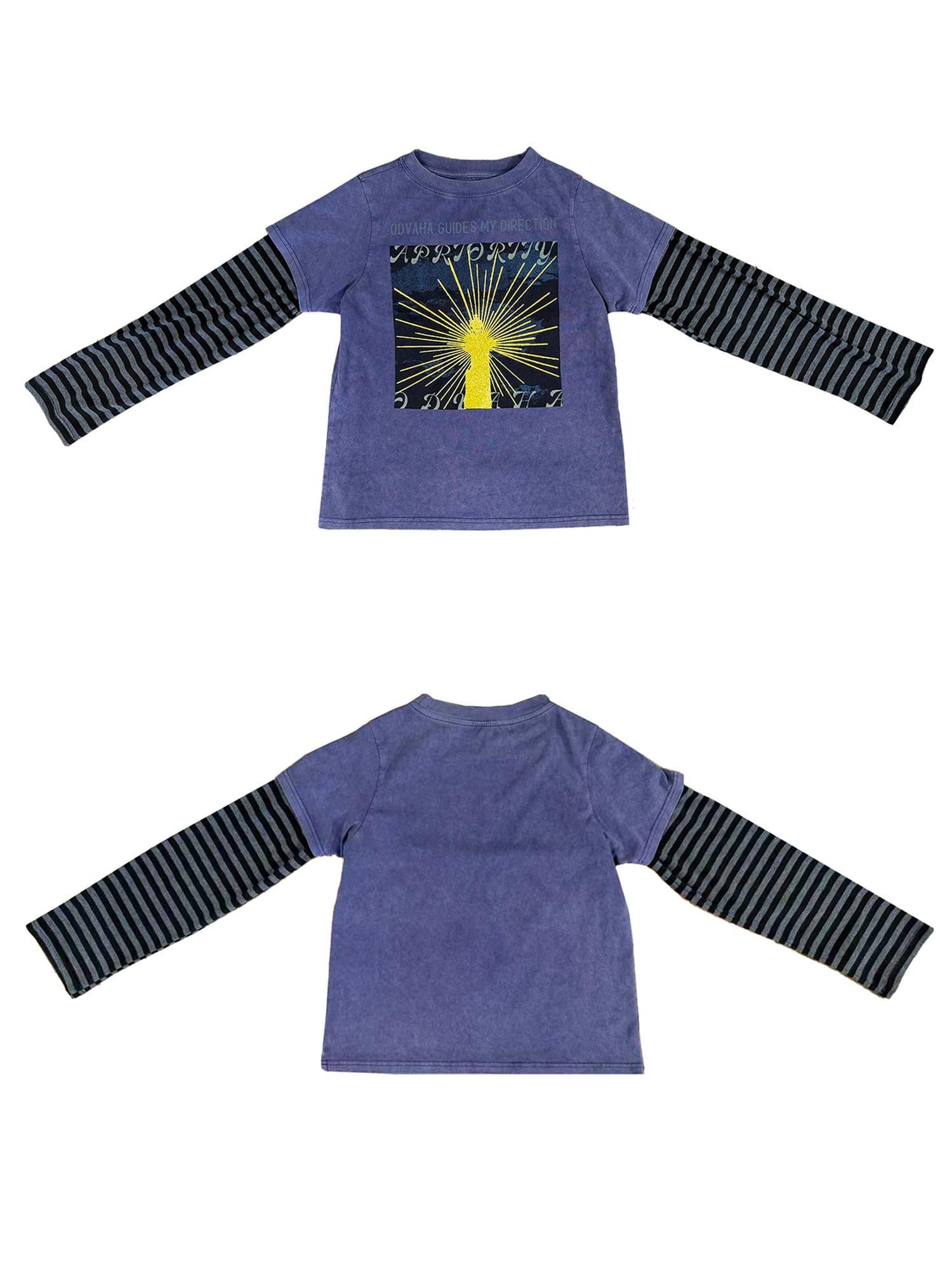 APRIORITY Lighthouse Glitter Print Striped Patchwork Women's Cotton Long Sleeve T-shirts
