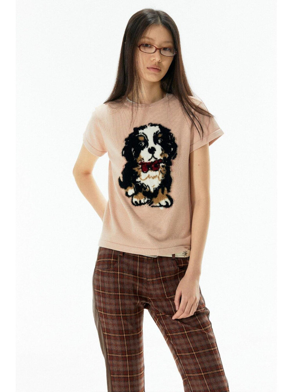 APRIORITY Lilac Knitted Dog Motif Textured Women's Viscose Short Sleeve T-shirts