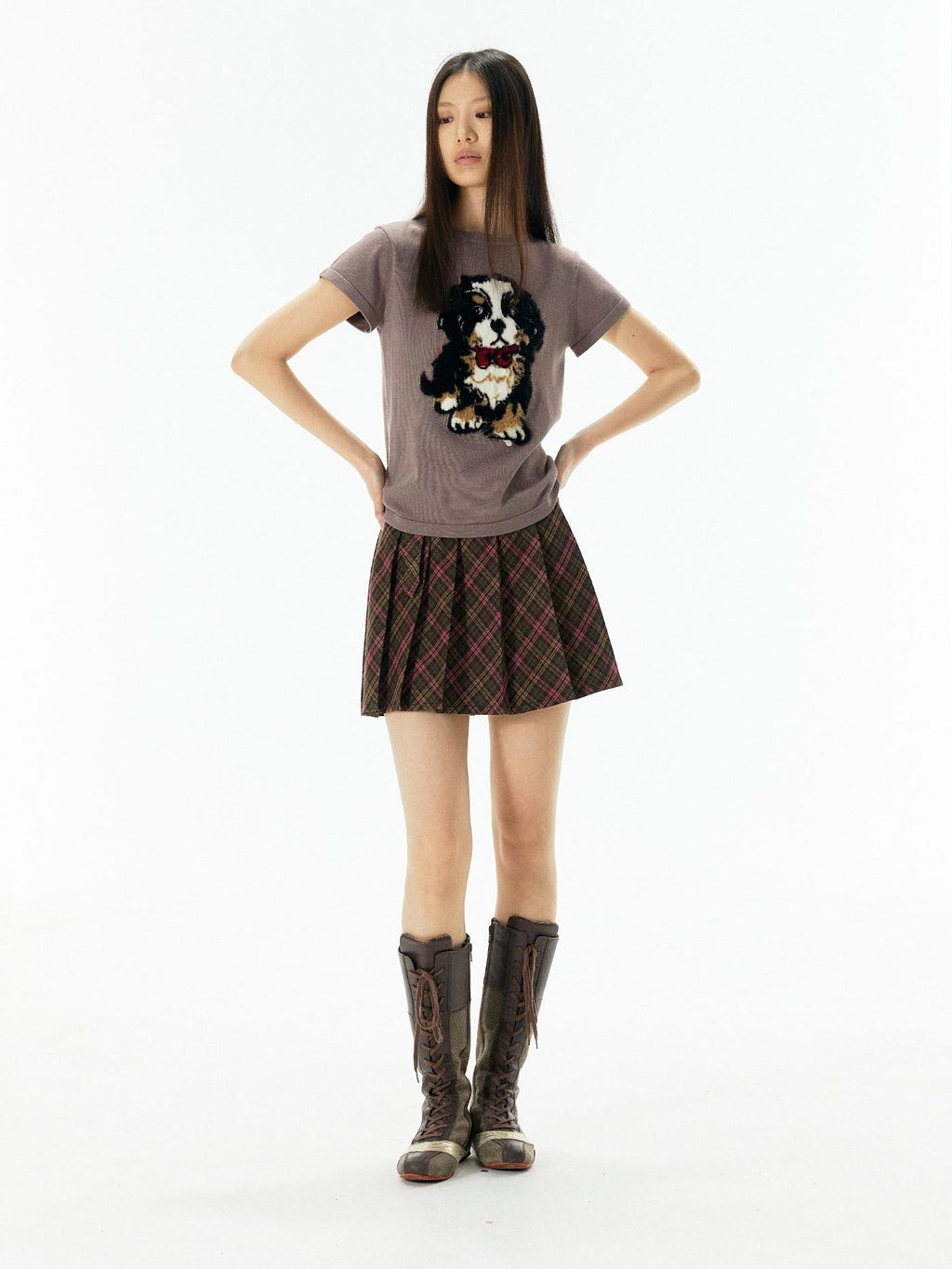 APRIORITY Lilac Knitted Dog Motif Textured Women's Viscose Short Sleeve T-shirts