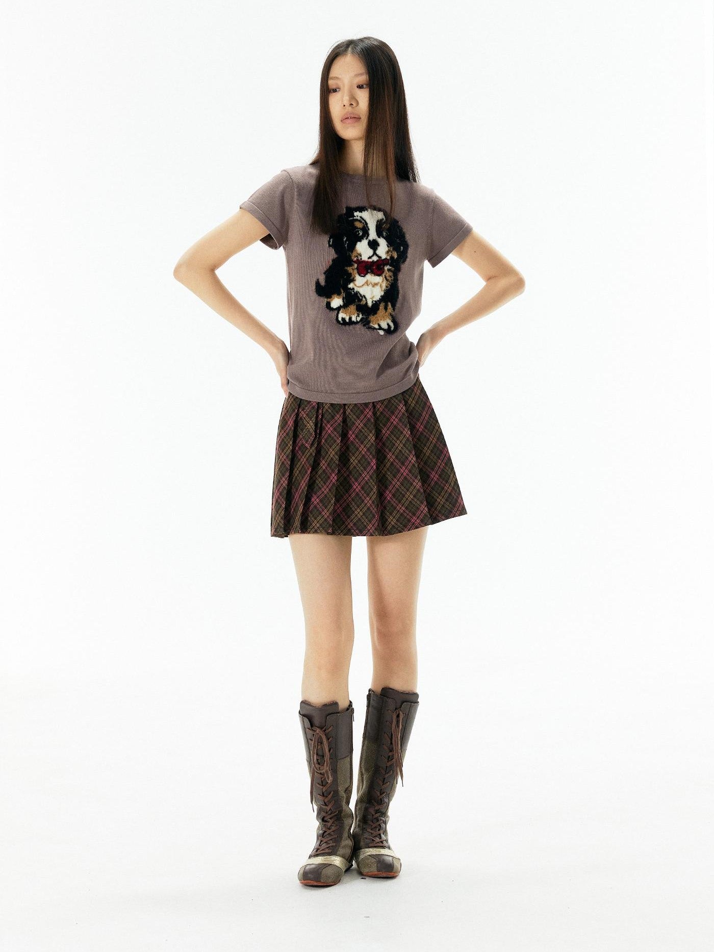 APRIORITY Lilac Knitted Dog Motif Textured Women's Viscose Short Sleeve T-shirts