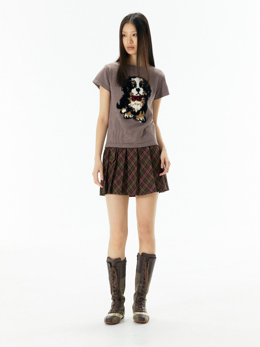 APRIORITY Lilac Knitted Dog Motif Textured Women's Viscose Short Sleeve T-shirts