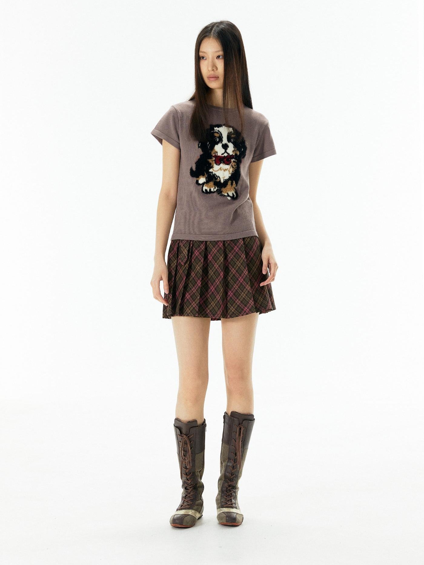 APRIORITY Lilac Knitted Dog Motif Textured Women's Viscose Short Sleeve T-shirts