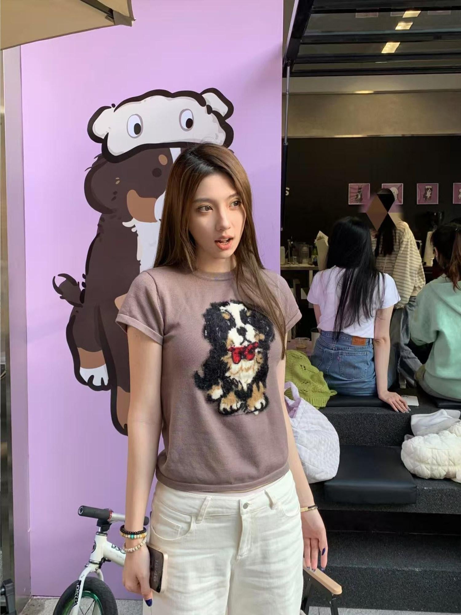 APRIORITY Lilac Knitted Dog Motif Textured Women's Viscose Short Sleeve T-shirts