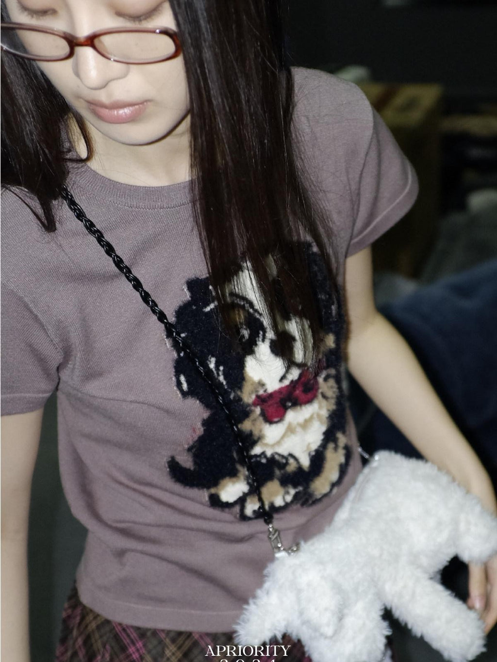 APRIORITY Lilac Knitted Dog Motif Textured Women's Viscose Short Sleeve T-shirts