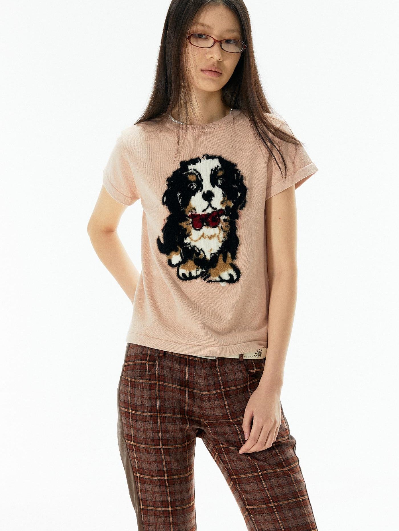 APRIORITY Lilac Knitted Dog Motif Textured Women's Viscose Short Sleeve T-shirts