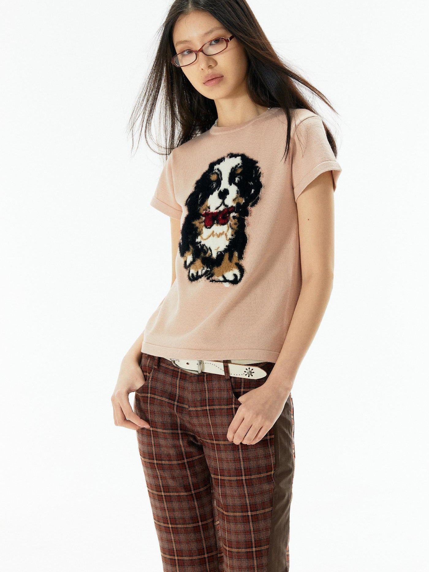 APRIORITY Lilac Knitted Dog Motif Textured Women's Viscose Short Sleeve T-shirts