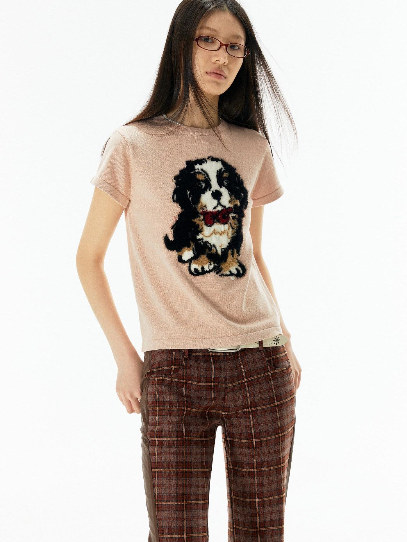 APRIORITY Lilac Knitted Dog Motif Textured Women's Viscose Short Sleeve T-shirts