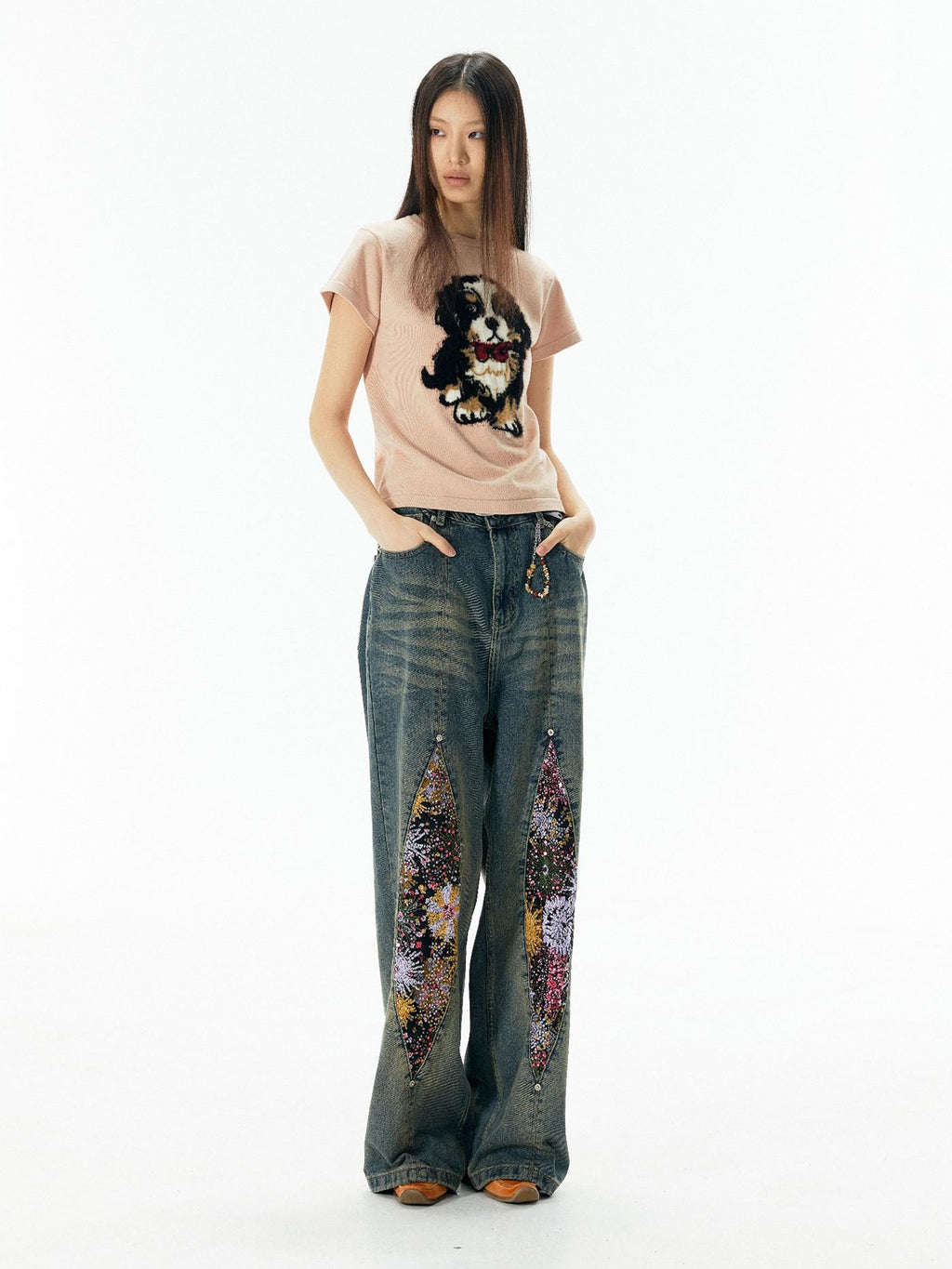 APRIORITY Lilac Knitted Dog Motif Textured Women's Viscose Short Sleeve T-shirts