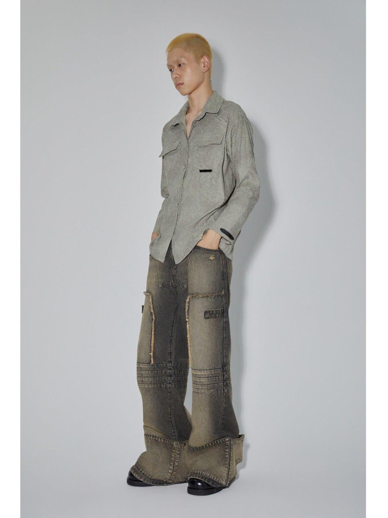 APRIORITY Marsh Green Textured Lapel Collar Vintage Open Cardigan Women's Polyester Shirts