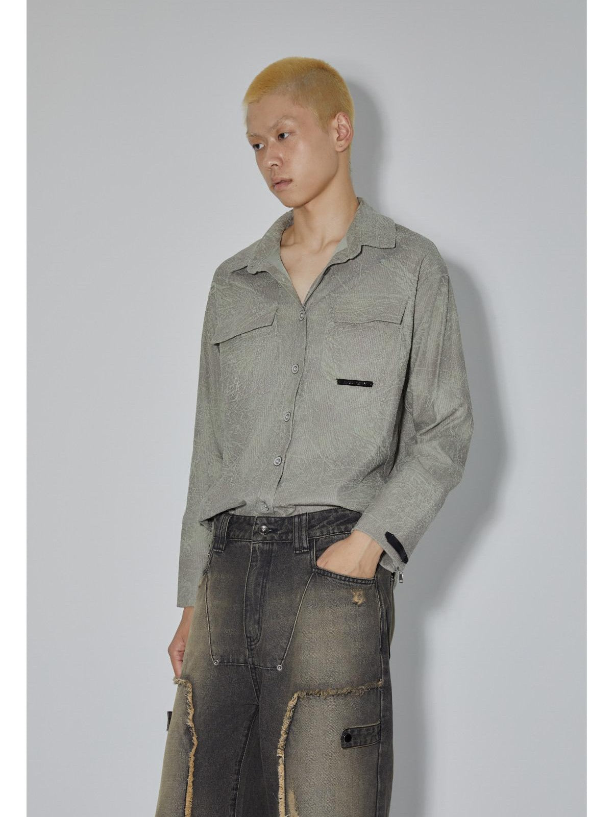 APRIORITY Marsh Green Textured Lapel Collar Vintage Open Cardigan Women's Polyester Shirts