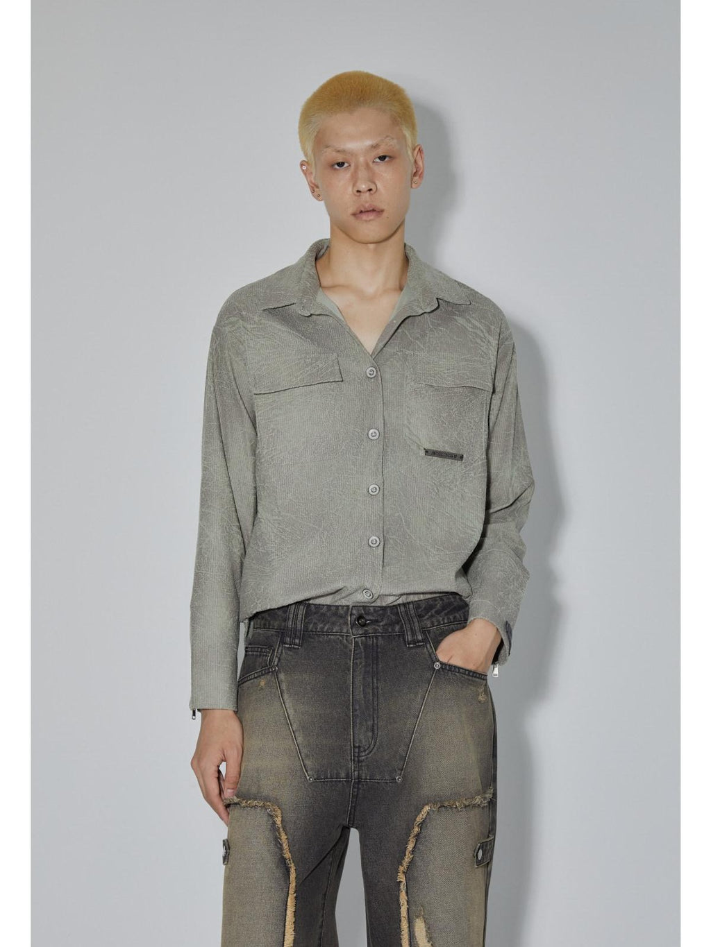 APRIORITY Marsh Green Textured Lapel Collar Vintage Open Cardigan Women's Polyester Shirts