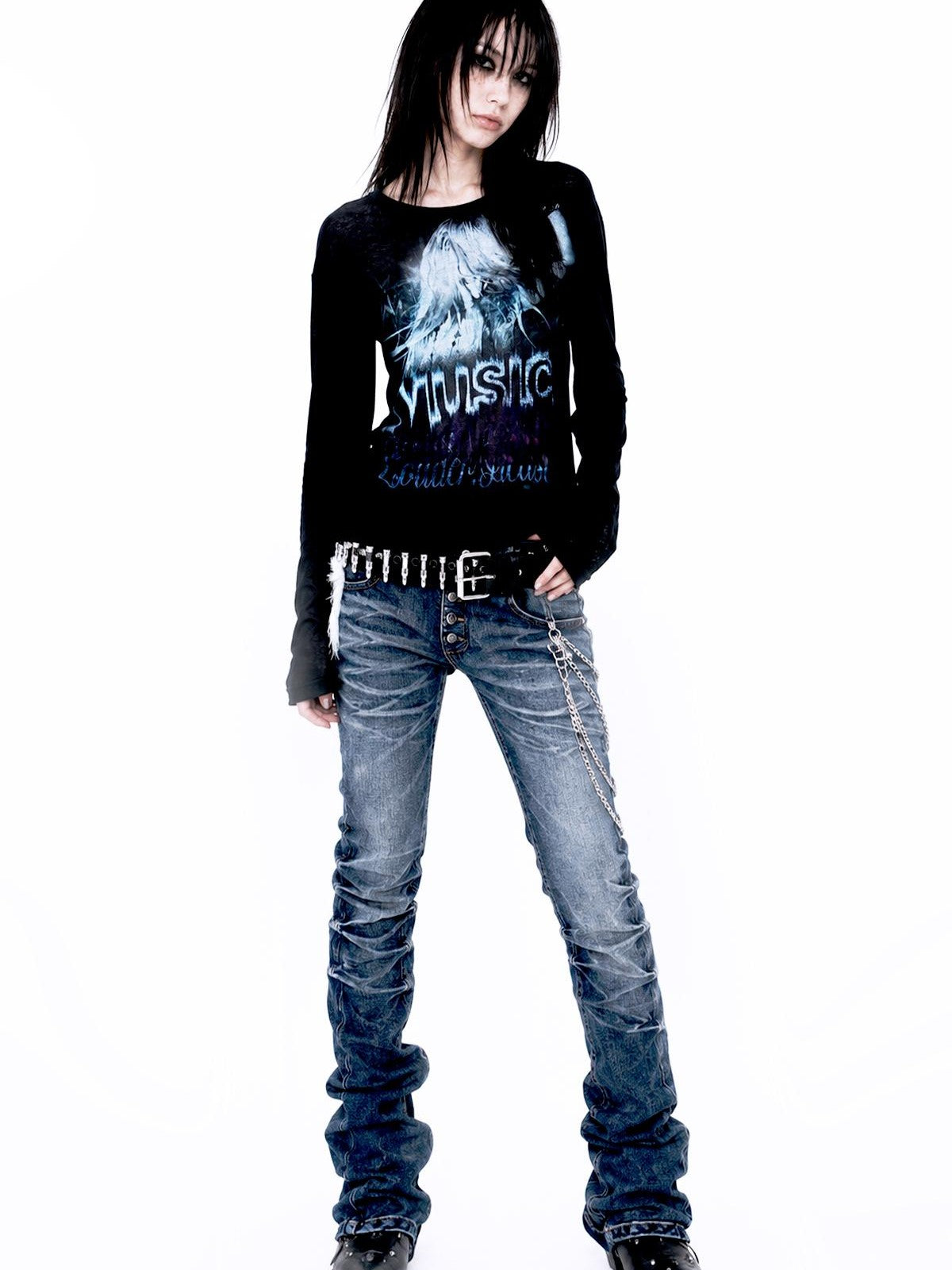 APRIORITY Millennium Party Print Button Cuff Women's Wool Blend Long Sleeve T-shirts