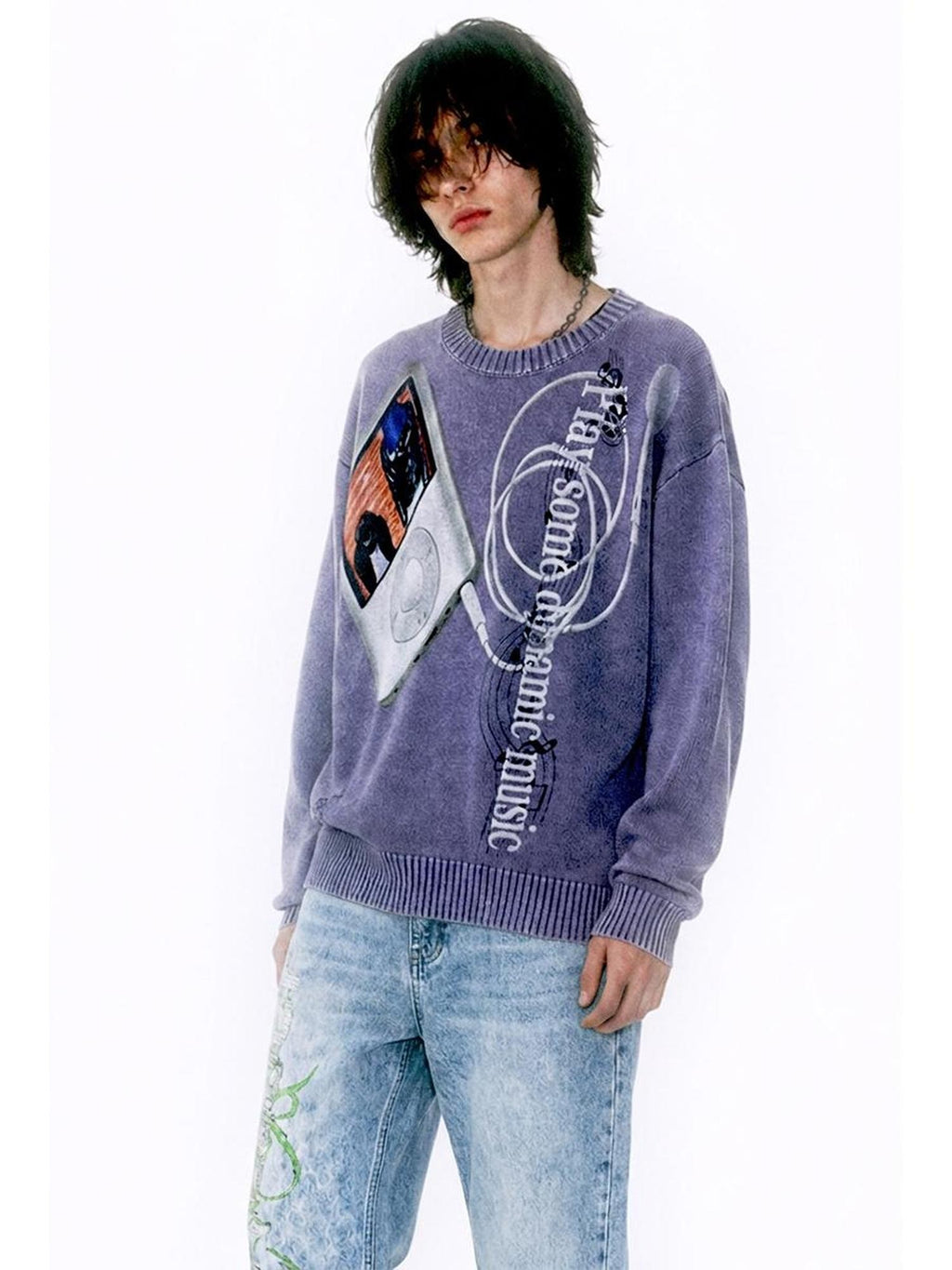 APRIORITY Music Player Print Distressed Washed Loose Fit Women's Cotton Crew Neck Sweaters