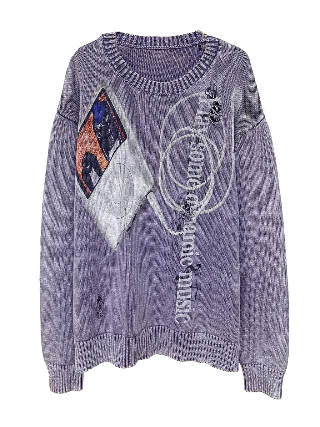 APRIORITY Music Player Print Distressed Washed Loose Fit Women's Cotton Crew Neck Sweaters