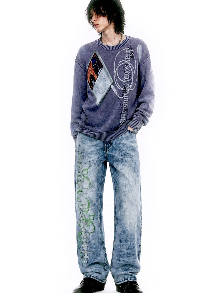 APRIORITY Music Player Print Distressed Washed Loose Fit Women's Cotton Crew Neck Sweaters