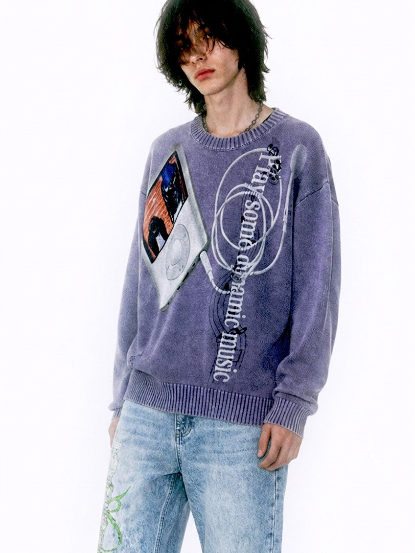 APRIORITY Music Player Print Distressed Washed Loose Fit Women's Cotton Crew Neck Sweaters