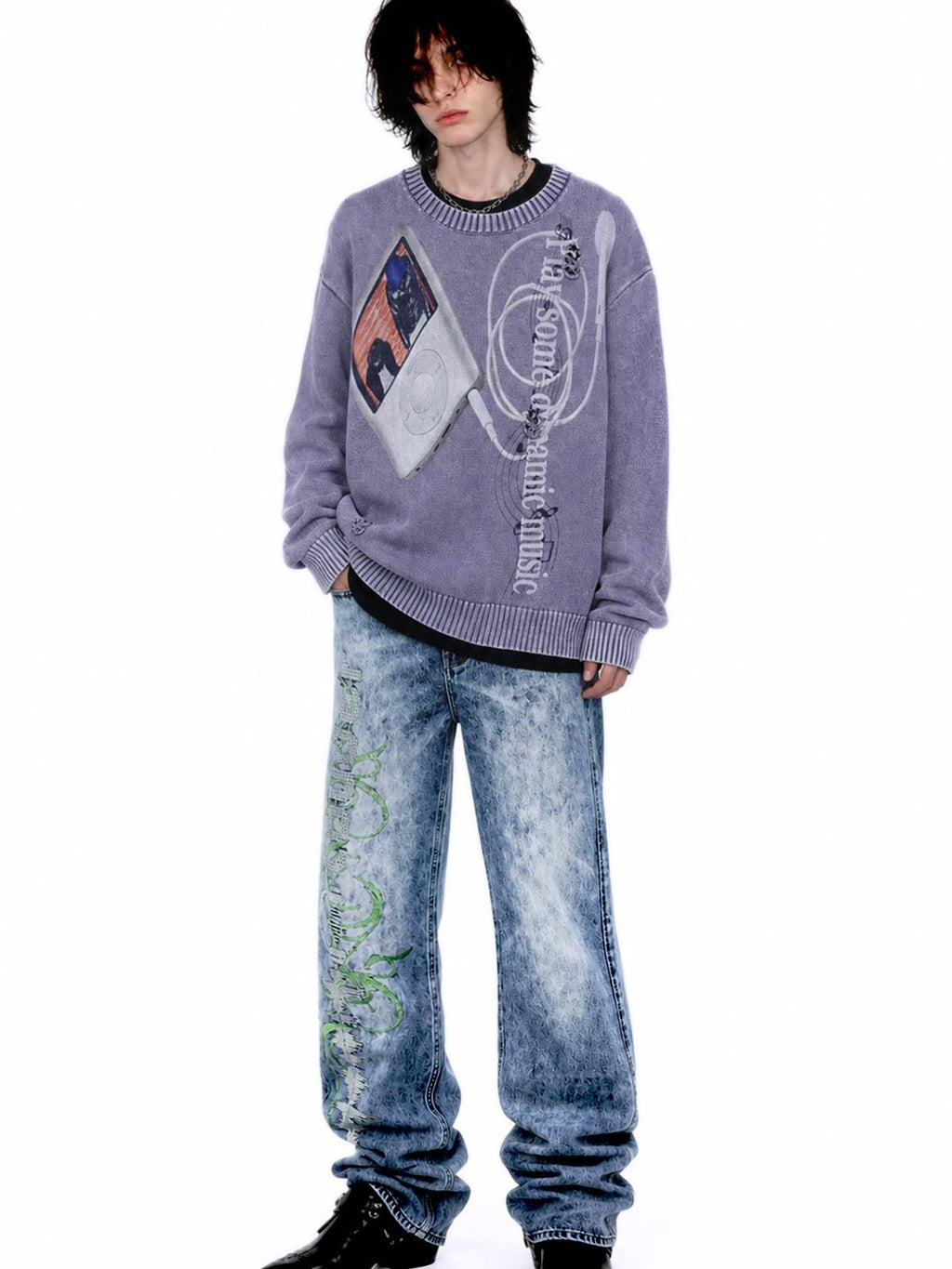 APRIORITY Music Player Print Distressed Washed Loose Fit Women's Cotton Crew Neck Sweaters
