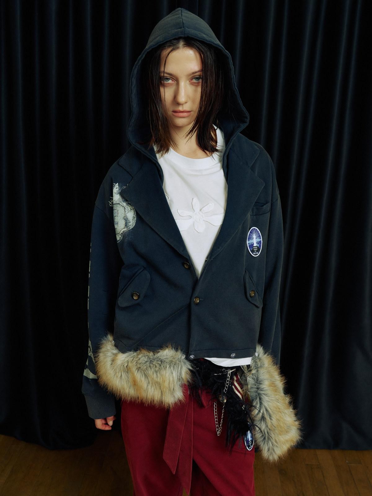 APRIORITY Navy Digital Letter Print Blazer Style Women's Cotton Terry Casual Jackets