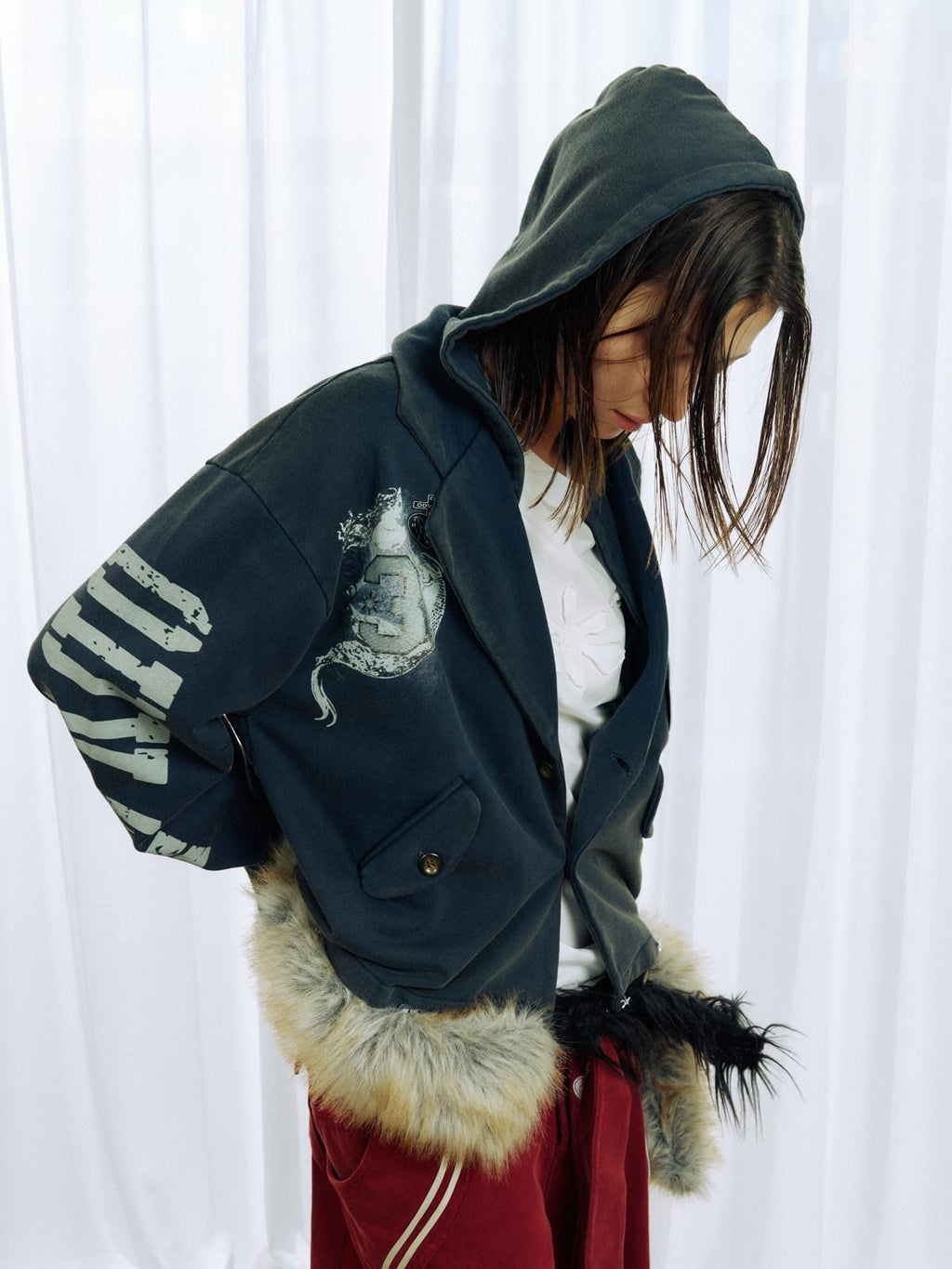 APRIORITY Navy Digital Letter Print Blazer Style Women's Cotton Terry Casual Jackets