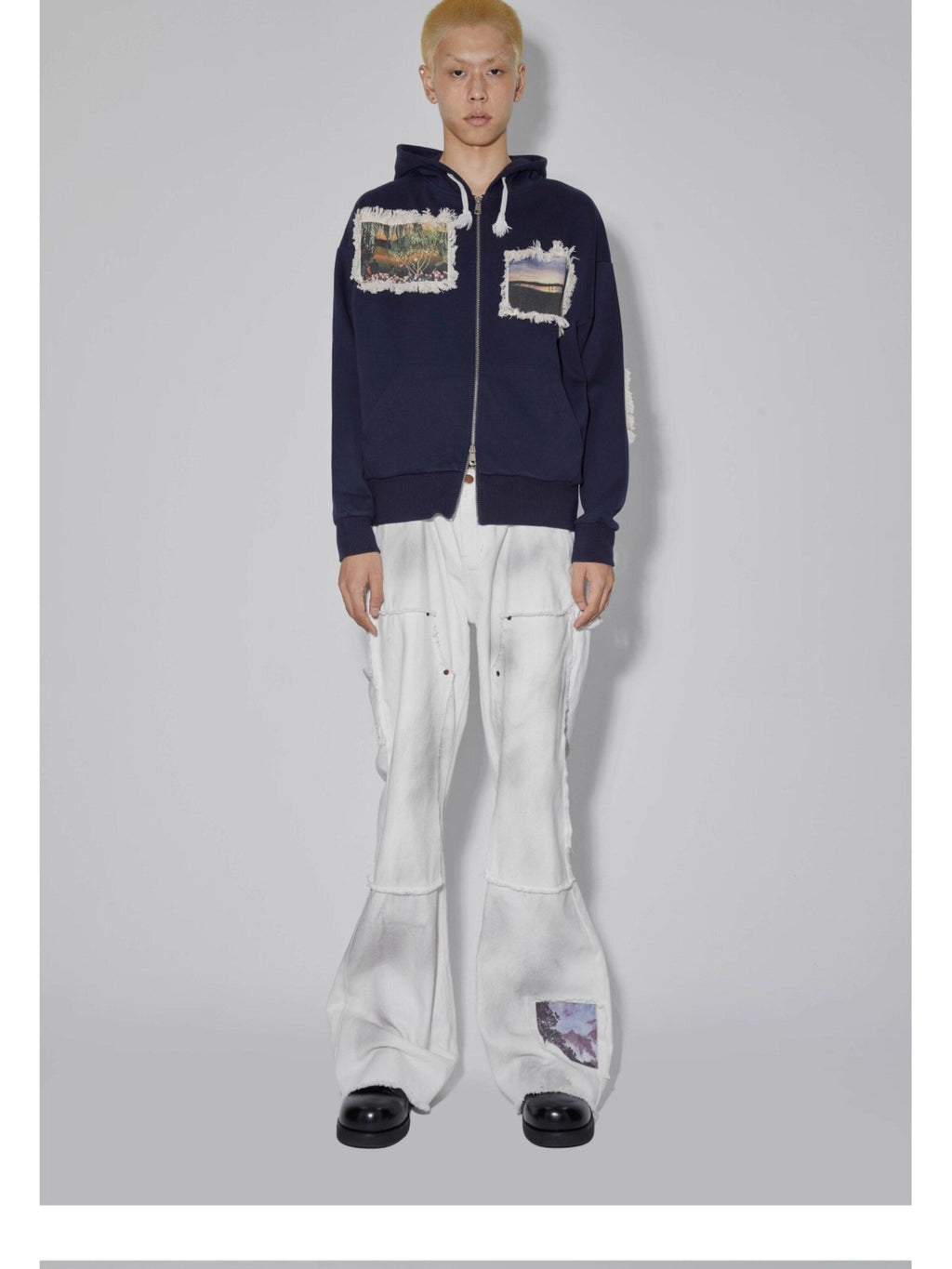 APRIORITY Navy Printed Hooded Loose Women's Brushed Cotton Blend Zip-up Hoodies